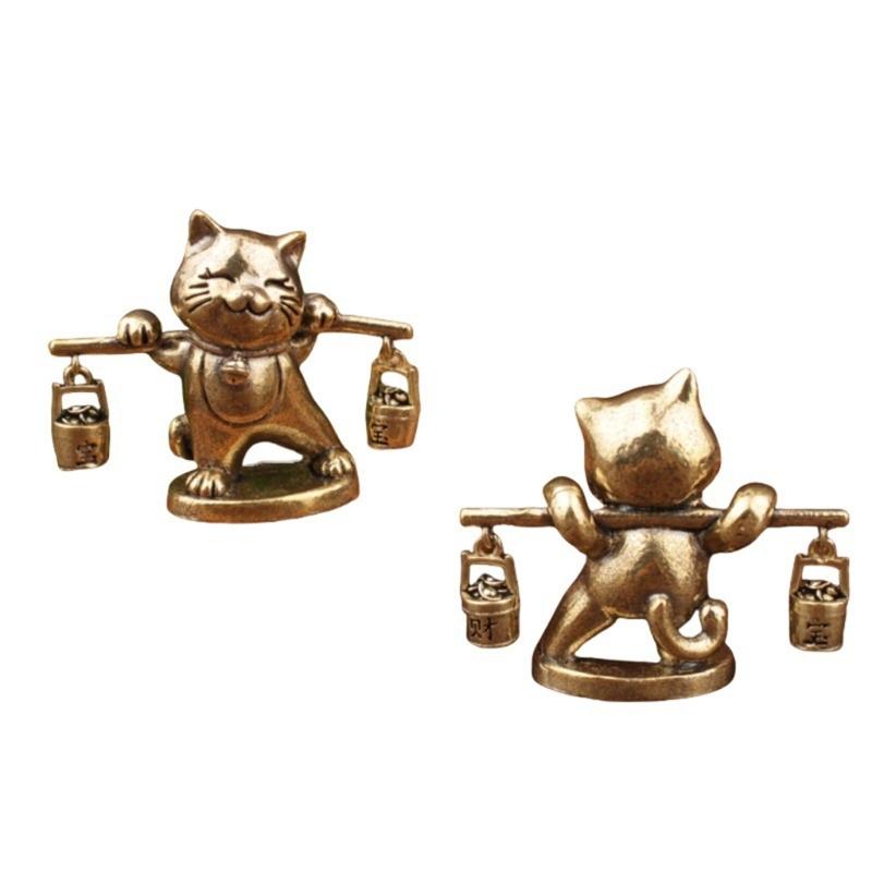 Antique Metal Cats Miniature Figurine Traditional Chinese Art Kitten Statue Wealth Fortune Home Office Tabletop Decors