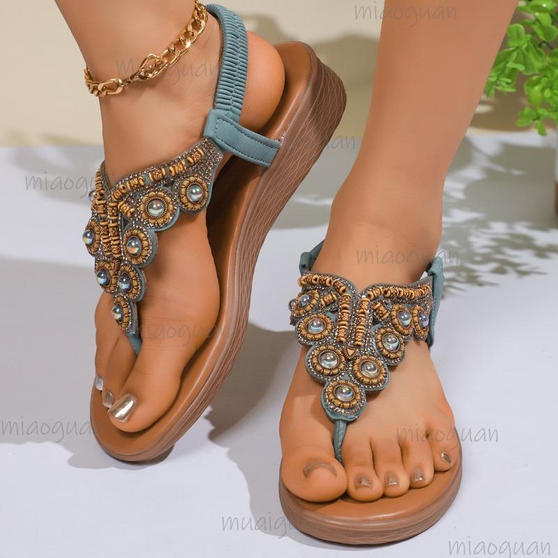 Fashion Summer 2025 Bohemian Women's Sandals Elastic Buckle Beaded Strap Roman Style Shoes Comfortable Outwear Wedge Sandals for Women