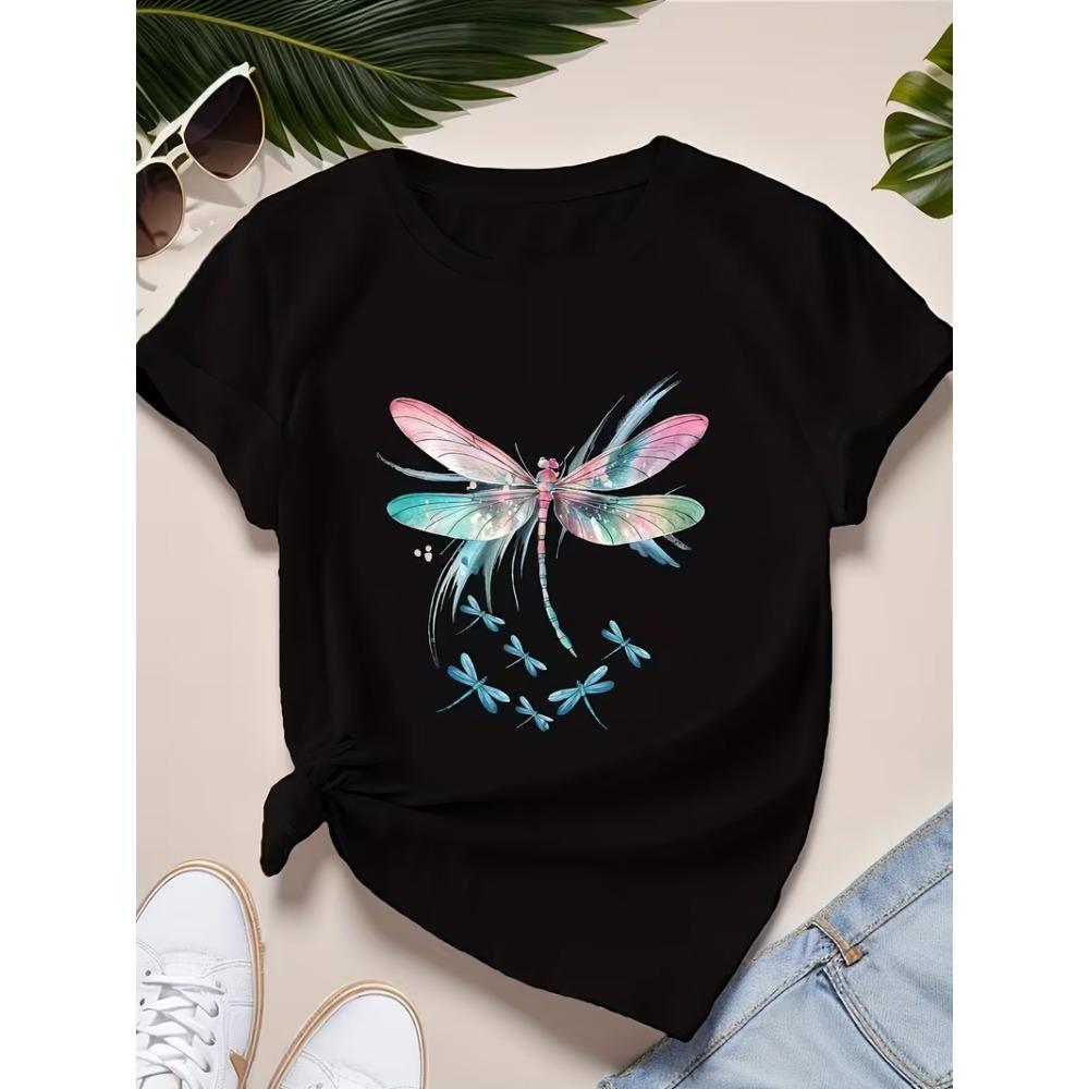 Aquarell Libelle Grafik T-Shirt Damen Halsausschnitt Kurze Ärmel Weich Bequem für Naturfreunde Boho Tägliches Tragen