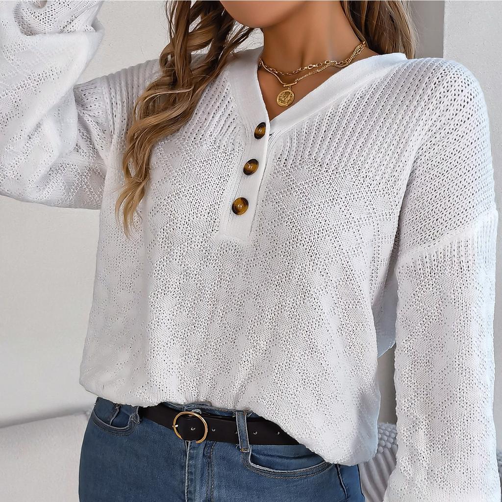 GMXIA Women's Fashion Casual Solid Color Autumn Winter Long Sleeve V-neck Loose Button Up Lantern Sleeve Pullover Sweater