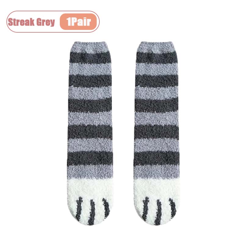 Winter Coral Fleece Socks Mid Calf Cute Cat Paw Design Thickened Warm Sleep Socks for Women Girls Indoor Cold Weather Wear
