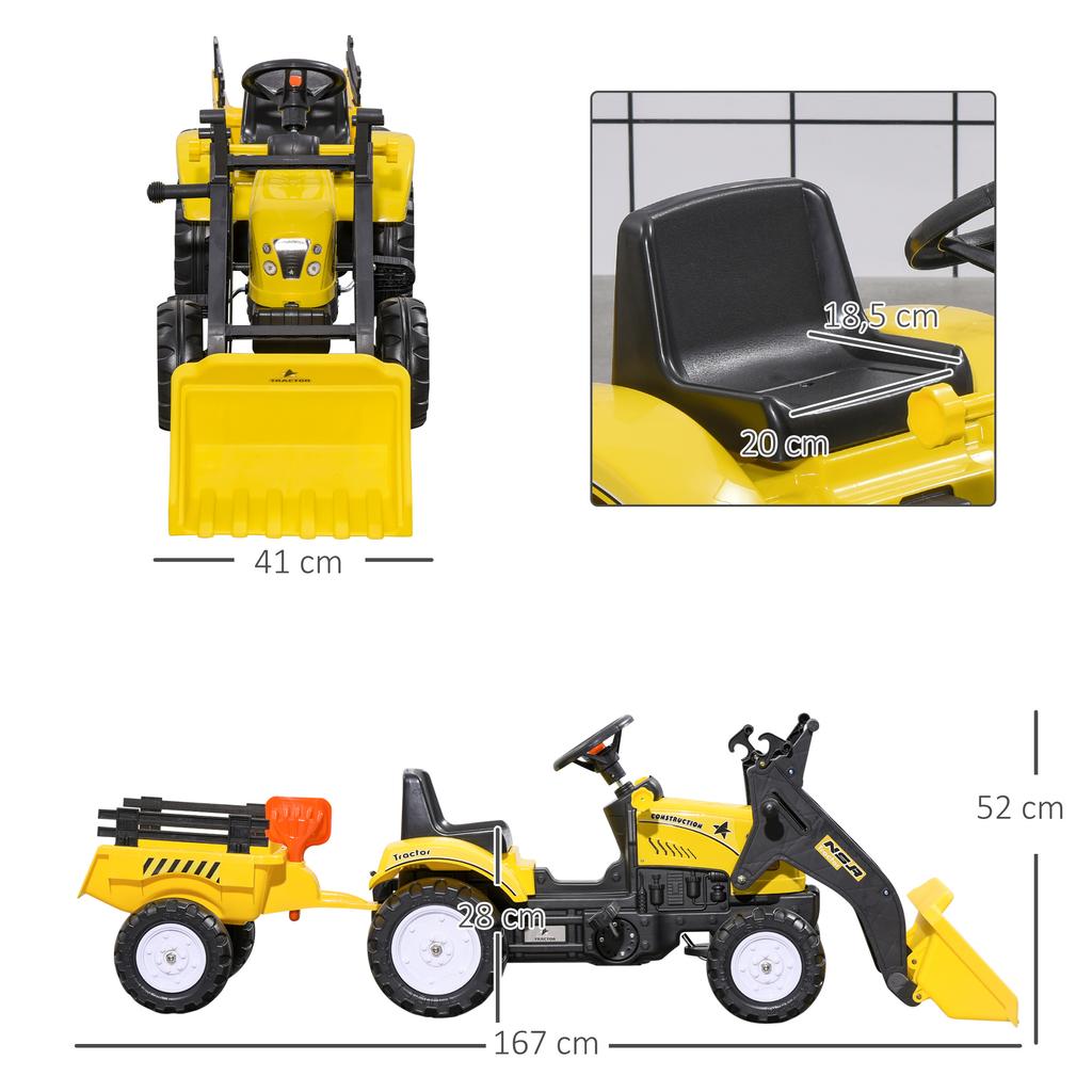 Children's Pedal Tractor with Front Loader and Trailer, Yellow/Black, Ages 3+