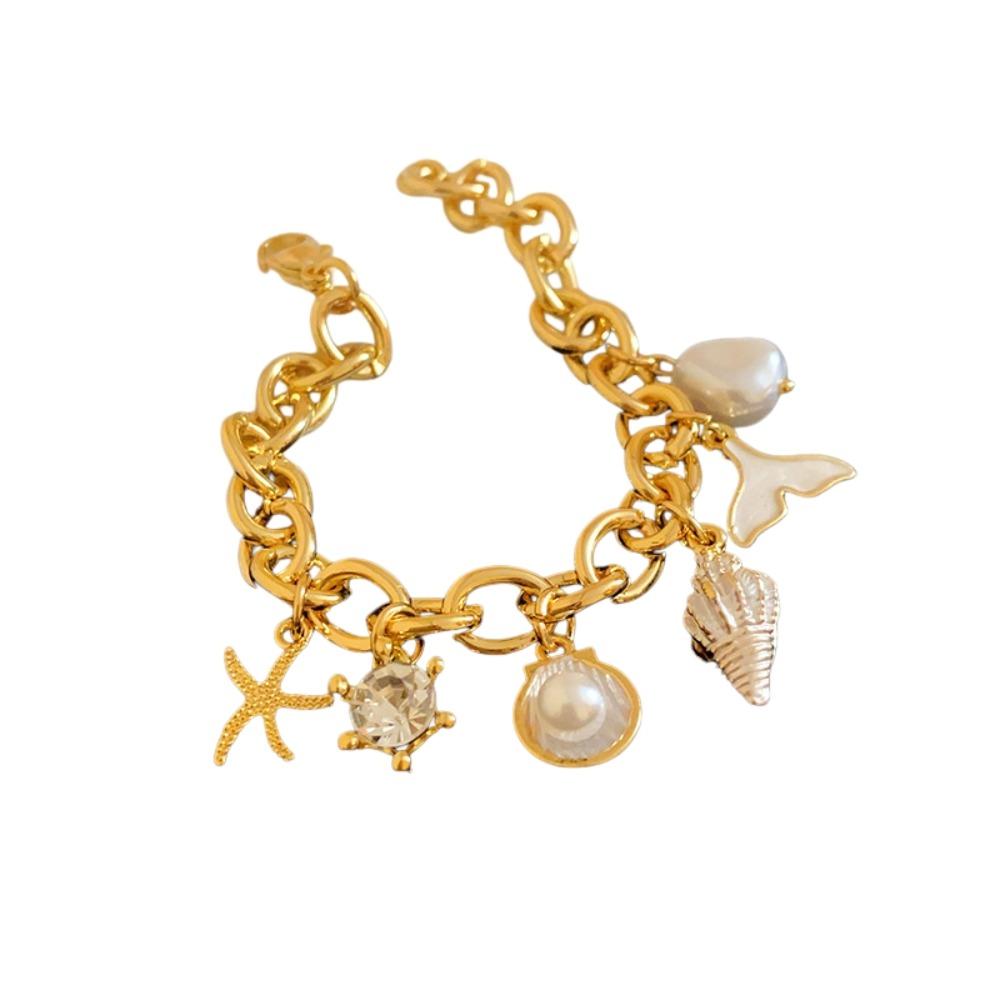 Zinc Zinc Alloy Rhinestone Pearl Starfish Beaded Bracelet Shell Beaded Hand Chain  Girls Couple Gift