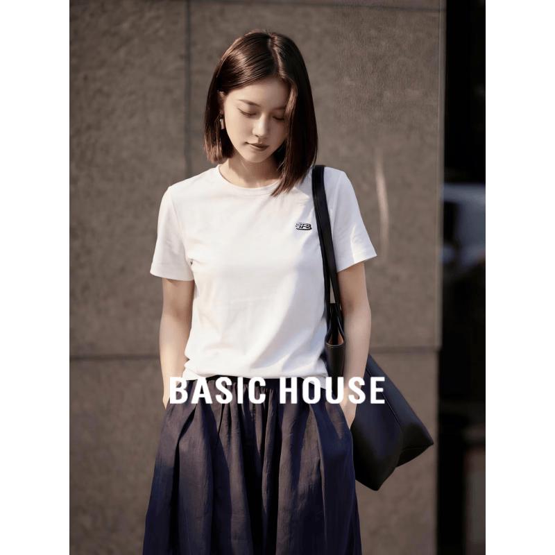 Basic House Women s Letter Embroidered Cotton Short Sleeve T-Shirt One Size