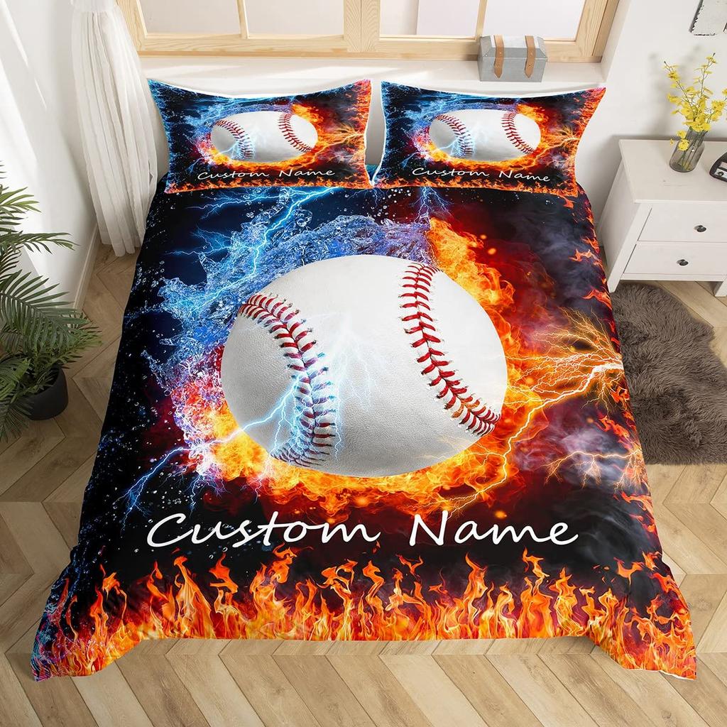 Name Soccer Duvet Cover For Boys Teens Blue Flame Soccer Bedding Collection Personalized Sports Comforter Cover Bedroom Decor