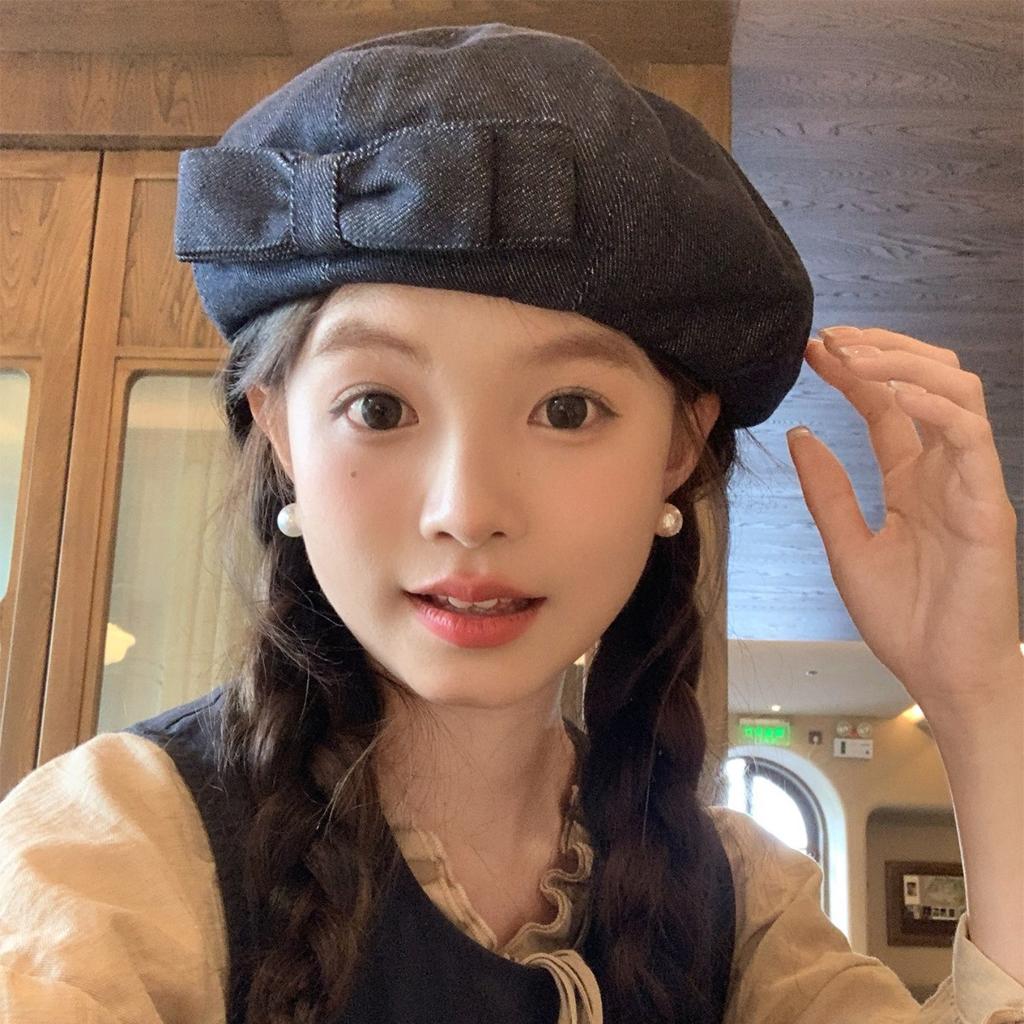 Hand made Sweet Double Layered Bow Denim Beret Hat for Women with A Small Face and Big Head Circumference Painter's Hat
