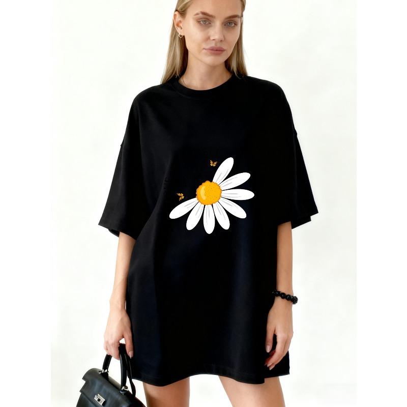 Оверсайз платье-футболка Черное с принтом ромашек Для повседневной носки S