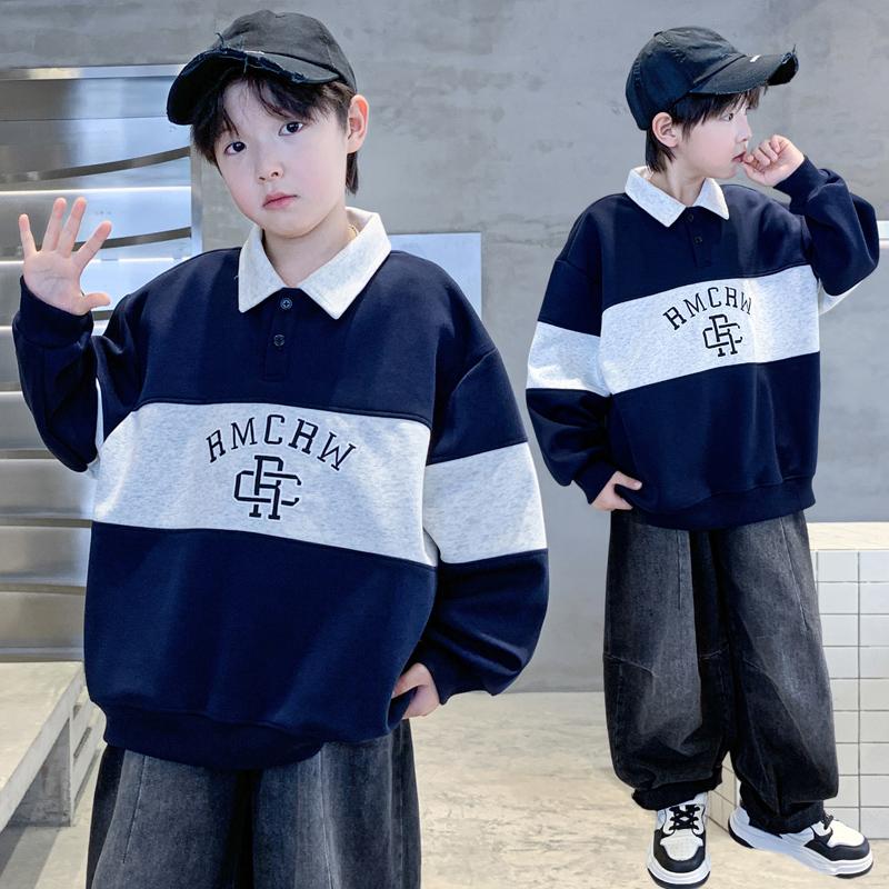 Children's Korean Retro Contrasting Polo Collar Sweatshirt with Cotton Fabric for Boys In Spring and Autumn, Long Sleeved Pullover Sweater