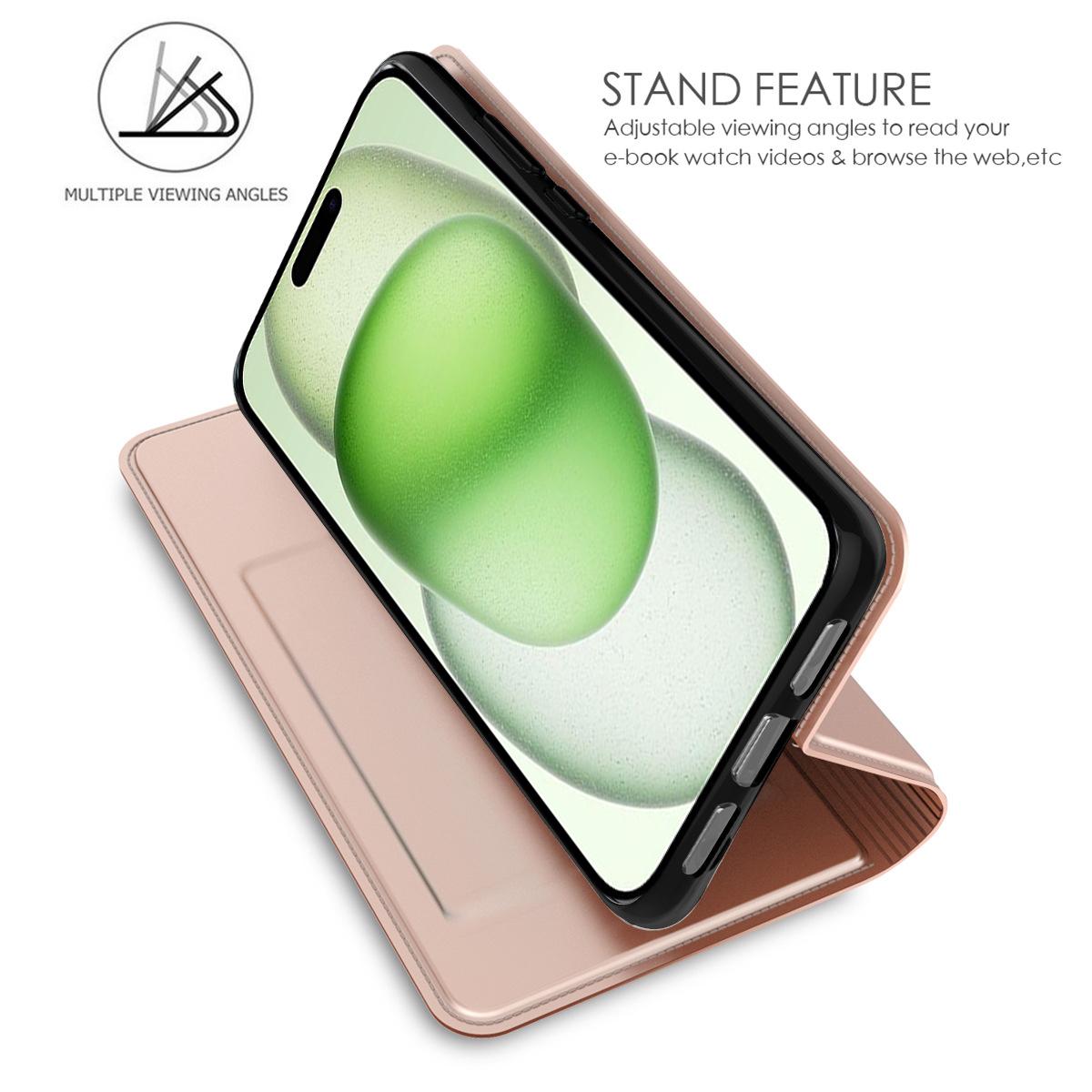 

For iPhone 16 Pro Case Card Holder Stand Shockproof TPU PU Leather Phone Cover Rose Gold