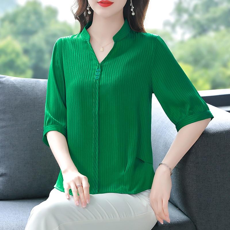 Simple Chiffon Blouse Women Office Lady V Neck Womens Shirts Short Sleeve Summer Tops Loose Female Clothing Blusas 24735