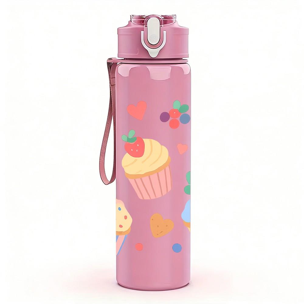 1PC Cupcake Birthday Cake Pattern 750ml Color Plastic Sports Water Bottle Leakproof Flip Straw Lid Suitable for Sports Office Home Use