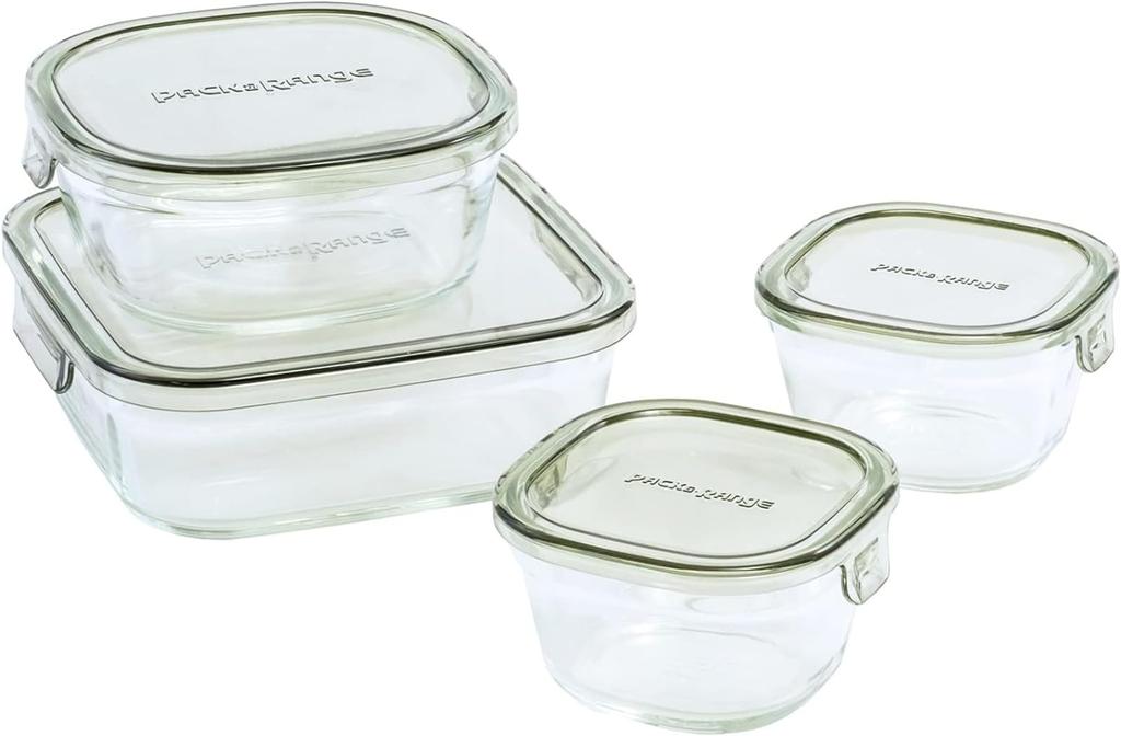 Iwaki Glas Aufbewahrung Olive Pack Hitzebeständige Behälter, Grün, Quadratisch, 4-teiliges Set, & Mikrowelle, PC-PRN4G41