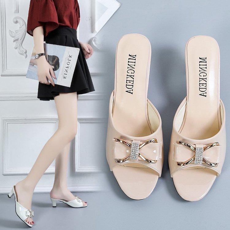 Women's Summer Clip On Middle-High Heel Slippers Casual Fish Mouth Bow Outdoor Slim Heels Sandals 35-42