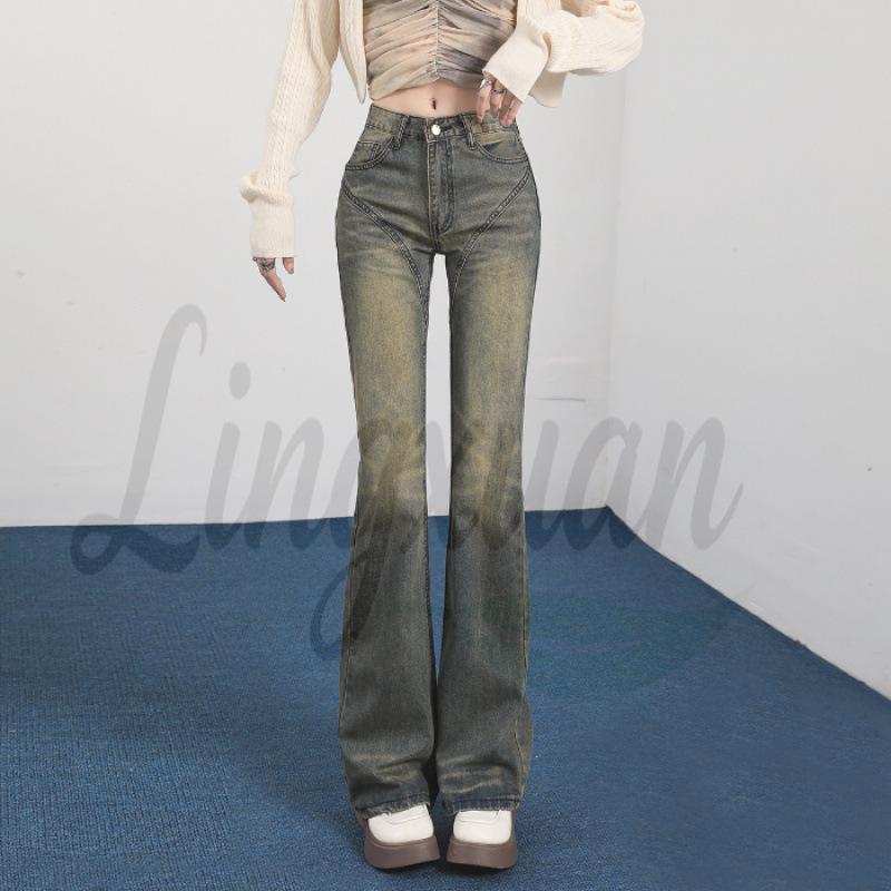 

Vintage American Style Bell Bottom Jeans with Pocket Print - Slimming and Body Shaping Long Denim Pants for Early Autumn XL