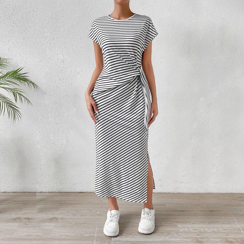 

Женская мода лето весна полосатый принт O-образный вырез тонкий повседневные платья XL чёрный