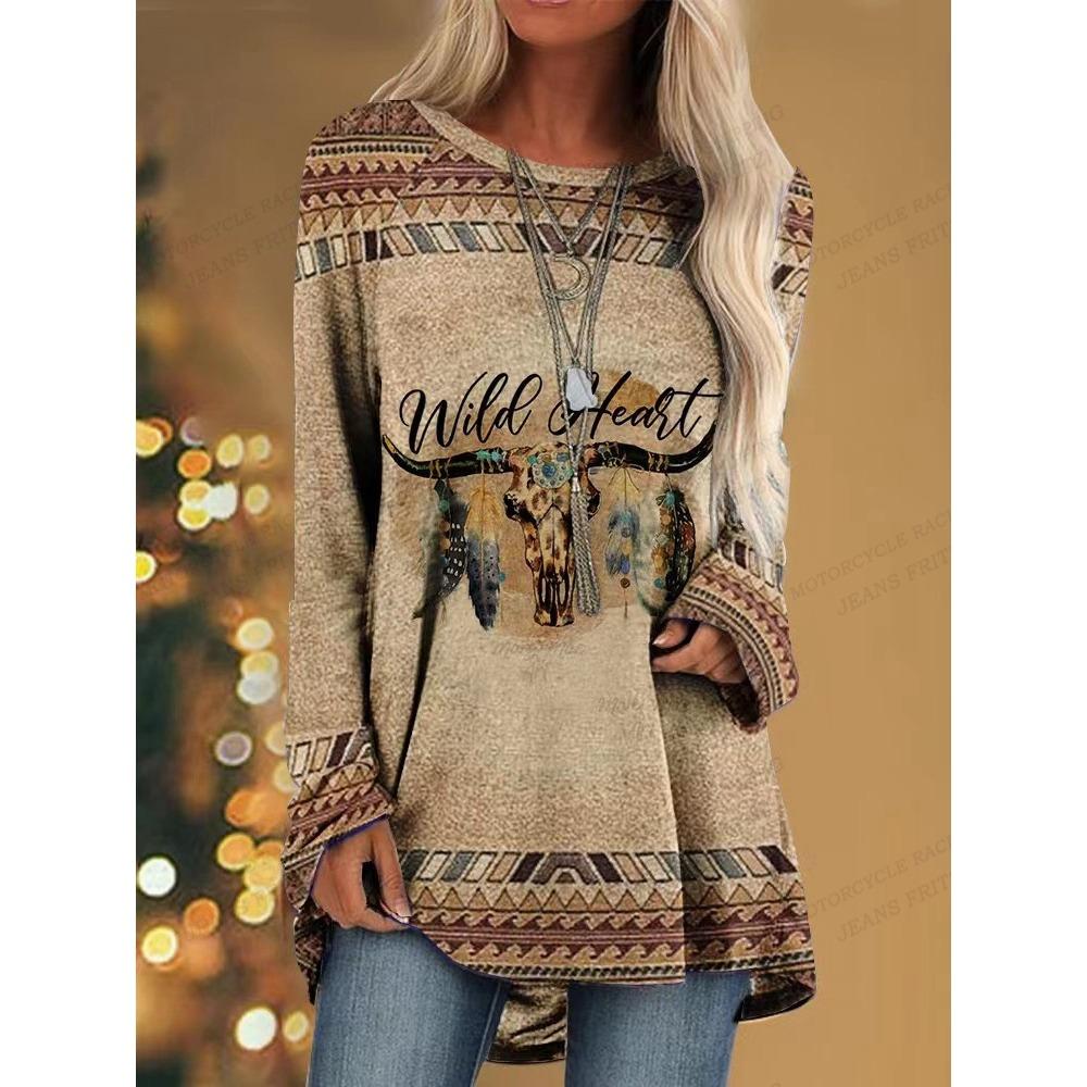 Large-sized Women's Printed Long-sleeved Shirt - Casual Pullover Long-sleeved Top, 100% Polyester Knitted Fabric