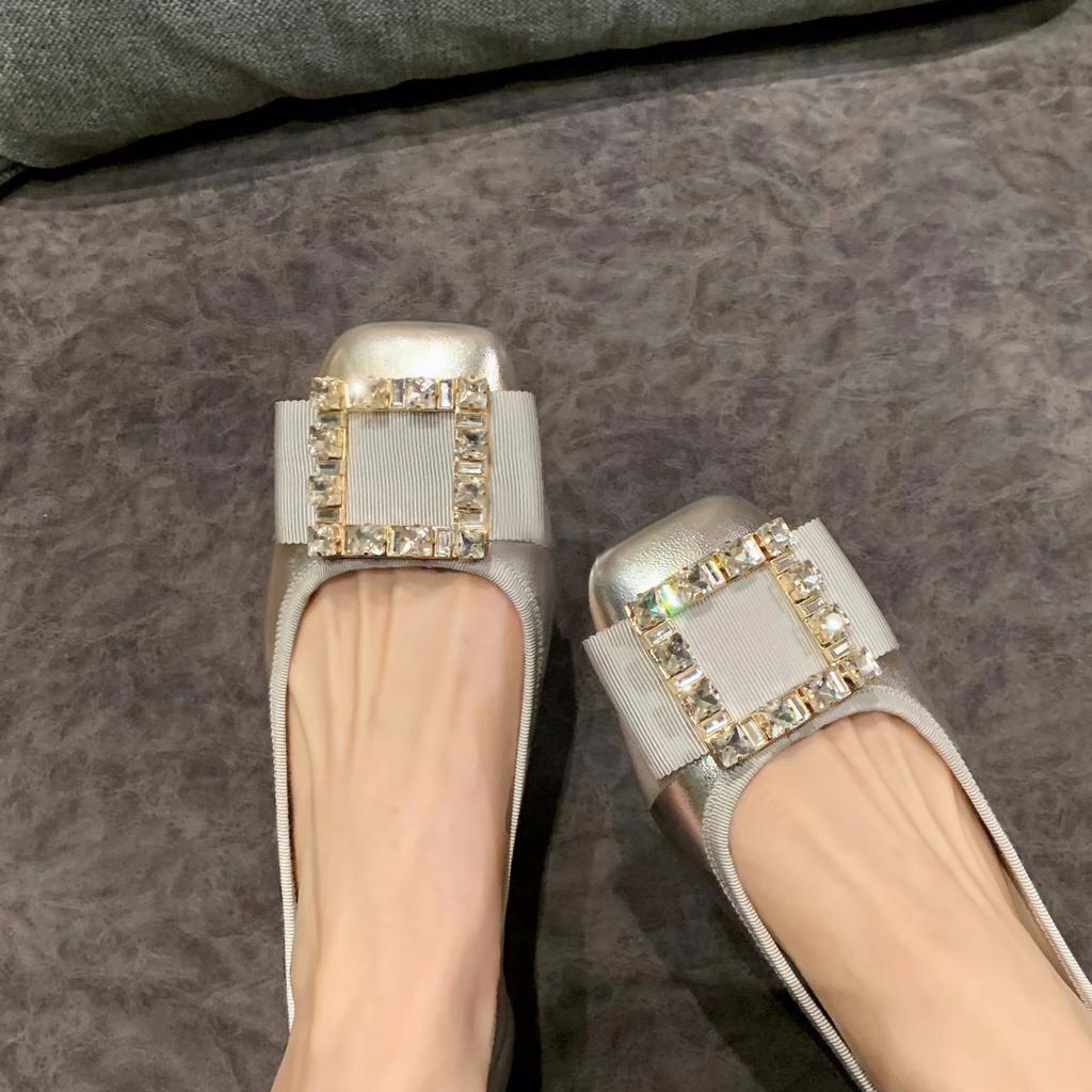 Cowhide Version~ Rhinestone Silver Genuine Leather Mary Jane Single Shoes Women's Buckle Soft-soled Ladyshoes French Flat Shoes Small Leather Shoes