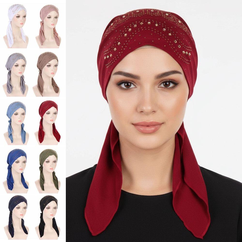 Soft Elastic Muslim Headscarf Hat Solid Color Rhinestone Hijab Caps Ramadan