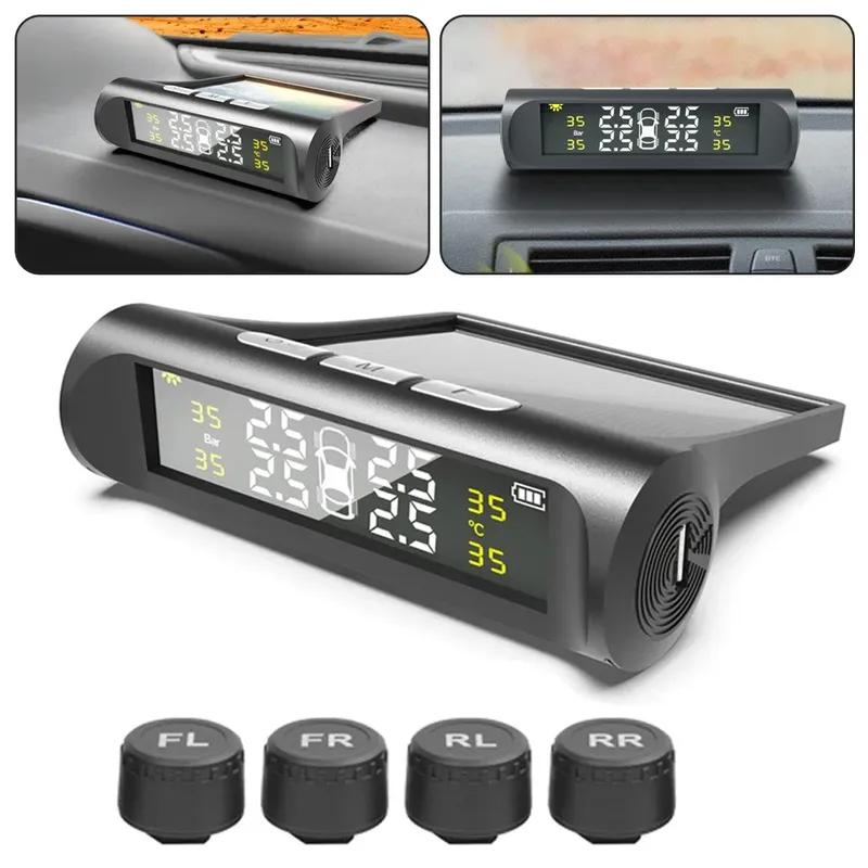 Digital LCD Display Universal Smart Car TPMS Tyre Pressure Monitoring System 4 Sensors Auto Security Alarm Solar Charging