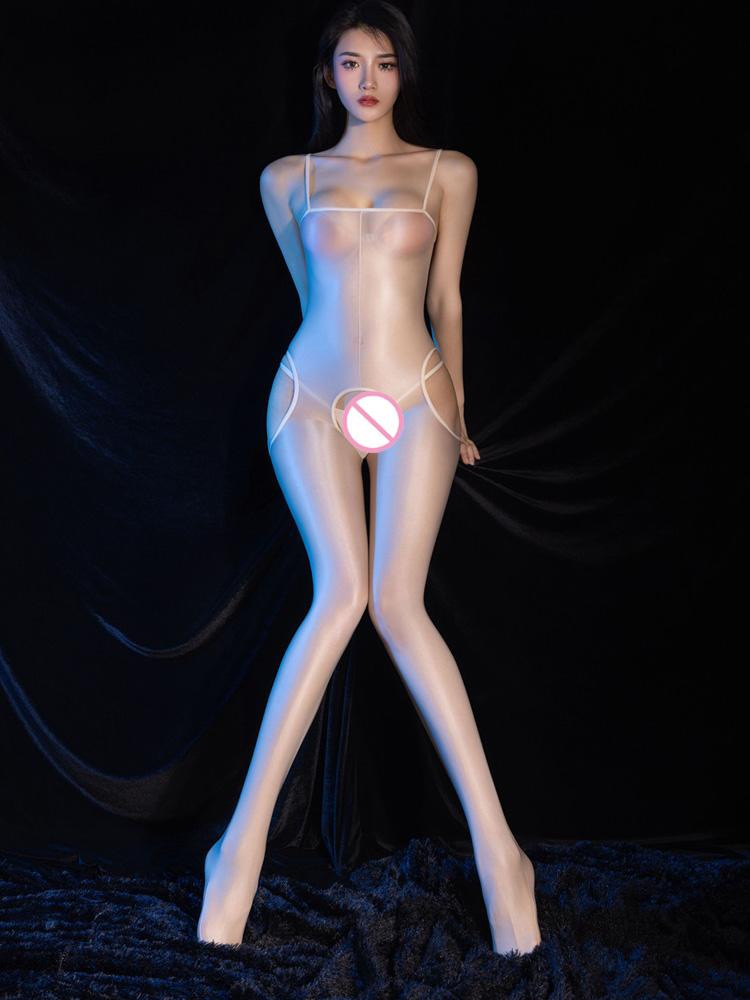 Sexy Women Sleeveless Oil Shiny Bodysuit Sheer See Through Open Crotch Shaping Tights Strap Bandage Body Stockings Dacne Leoatrd