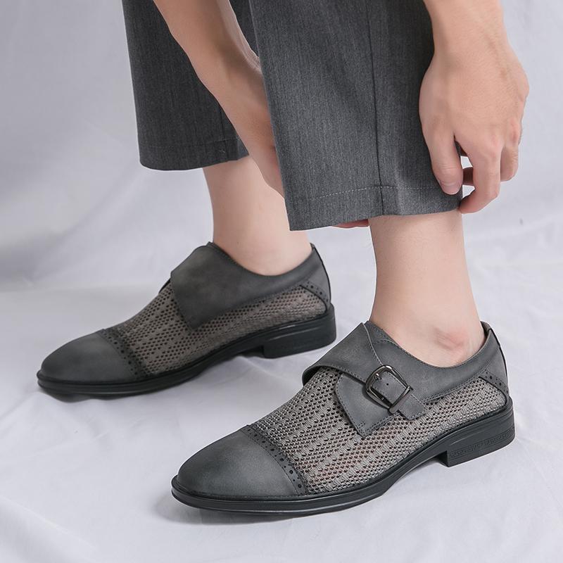 Summer New Punched Grey Leather Shoes Casual Leather Men Shoes Thick Soled Formal Oxford Shoes Comfy Male Classic Dress Footwear