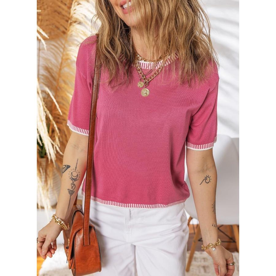 Summer Women's Pullover Short Sleeved Round Neck Short Sleeved Striped Knitted Sweater Shirt