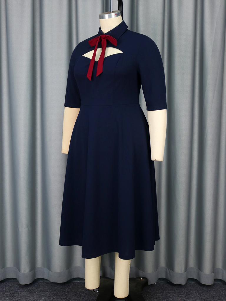 AOMEI Navy A Line Midi Dresses Short Sleeves Vintage 90s Outfits for Women Casual Work Wear