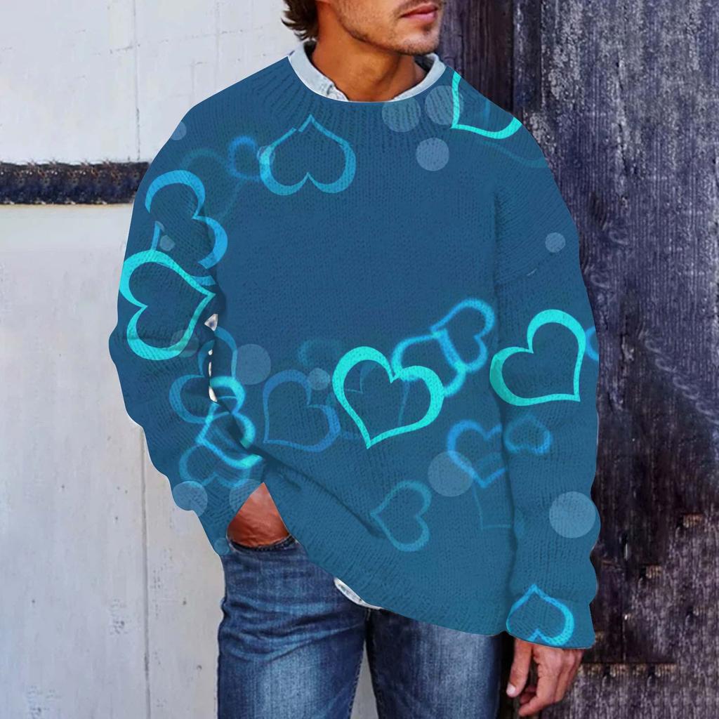Men's Valentine's Day Print Faux Sweater, Crewneck Sweatshirt, Loose Long-sleeved Top