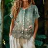 Women's Vintage Style Henley Collar Button Front Floral Print Blouse Short Sleeve Casual Top Lightweight Fabric Relaxed Fit