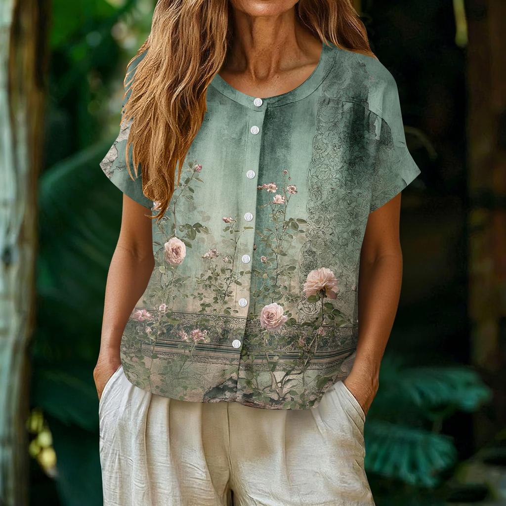 Women's Vintage Style Henley Collar Button Front Floral Print Blouse Short Sleeve Casual Top Lightweight Fabric Relaxed Fit