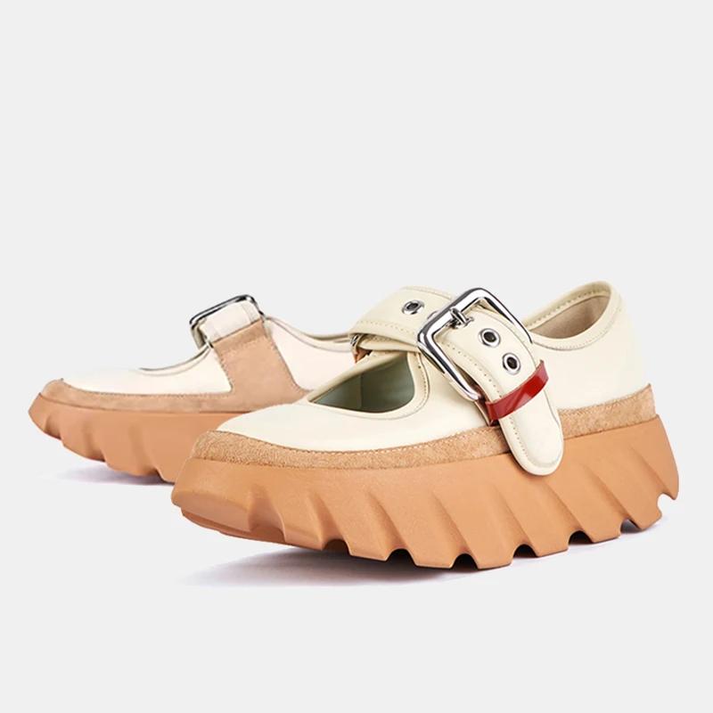 Fashion Mary Jane Shoes Women Metal Belt Buckle Shallow Thick-Soled Shoes Platform Height-Enhancing Sneakers Round Toe Sports Shoes