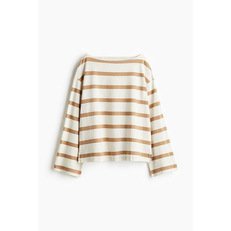 

HM Women s T-shirt Autumn off-Neck Loose Graceful and Fashionable Casual Stripes Drop-Shoulder Long-Sleeve Tops 1269796 White/Beige Stripes 155/76