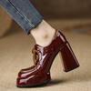 Fashion Retro Burgundy Patent Leather Platform Pumps Women Fashion Lace Up Thick Heel Designer Shoes Elegant Commuter Office Casual Shoe