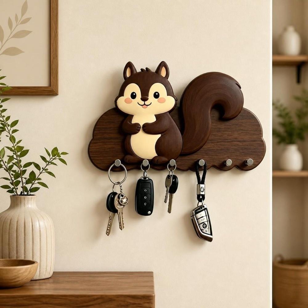 Wooden Adhesive Key Holder Cartoon Wall-mount Hanger Modern Animal Key Hook  Hallway