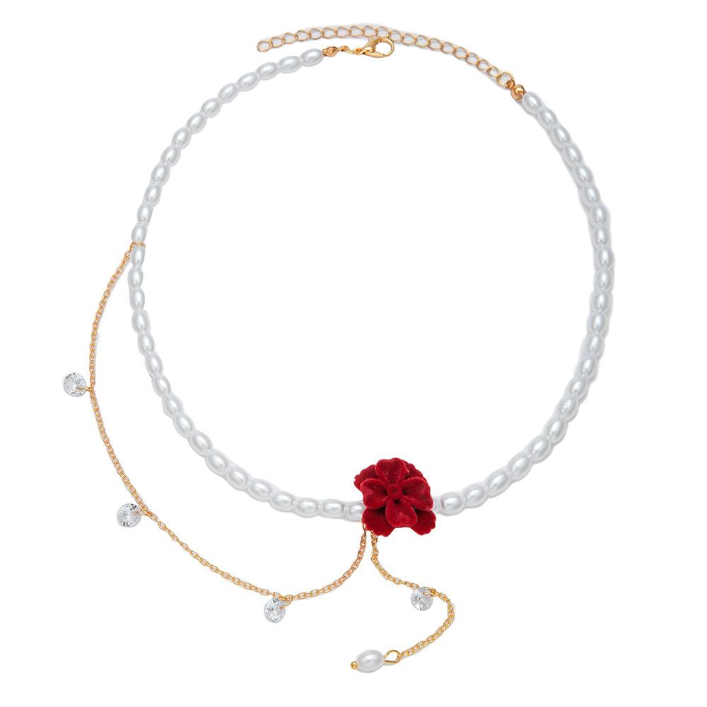 Japan and Korea fashion flower imitation pearl necklace, retro rhinestone bow temperament collarbone chain women's jewelry