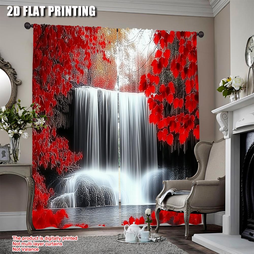 

Set Of 2 Red Forest Waterfall Windows Curtains Black Natural Landscape Print Curtain Living Room For Made Polyester W100*H70(CM)-Grommet top&1PCS