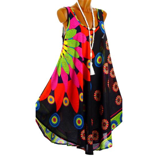 Lässiges Sommer Damen Rundhals Ärmellos Sonnenblumenmuster Locker Unregelmäßiges Kleid
