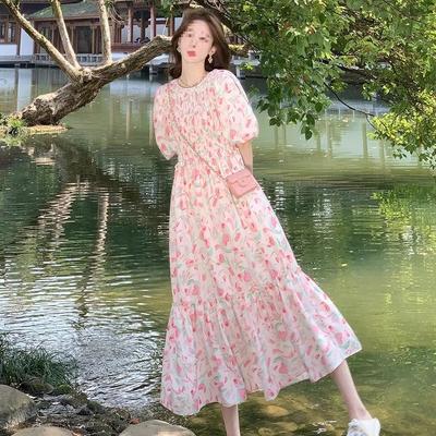 Women's Summer Floral Puff Sleeve Pleated Dress with Cinched Waist