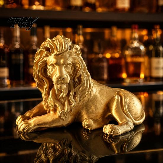 Modern Desktop Ornament Golden Lying Lion Resin Figurine, 3D Printed Recumbent Statue, Sculpture for Office Desk Bookshelf Wine Cabinet Tabletop