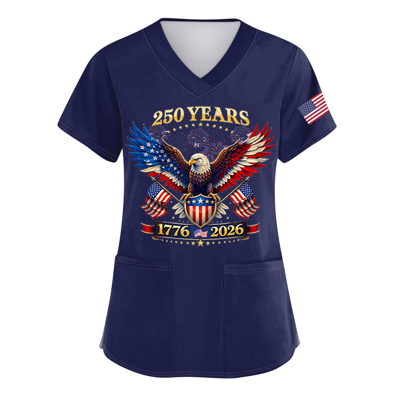 

Womens V Neck Short Sleeve Medical Scrub Top with Side Slits and Front Pockets Patriotic Eagle Print Work Uniform Shirt for Healthcare Professionals XXXXXL Темно-синій