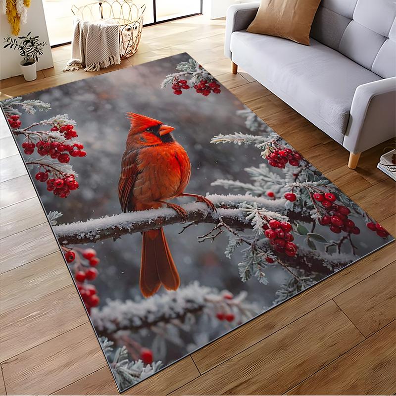 Red Cardinal Bird on Snowy Branches with Berries Non-slip rug suitable for living room and bedroom sofas.