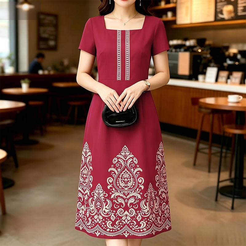

ZANZEA Women Elegant Square Collar Casual Short Sleeve Print Dress S вино красного