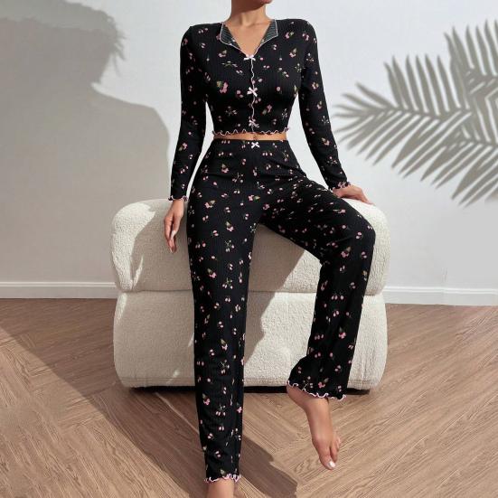 Pajama Set for Women Cherry Print Long Sleeve Crop Top And Long Pants Loungewear Casual 2 Piece Pjs Sleepwear Set