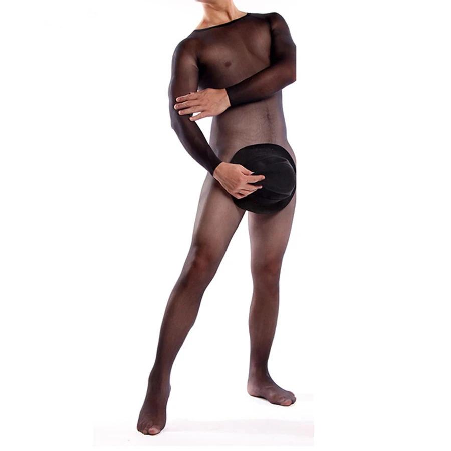 Mens Crotchless Full Bodysuit Black Beige See Through Sexy Bodystocking Lingerie Stretchy Glossy Tights Male Costume