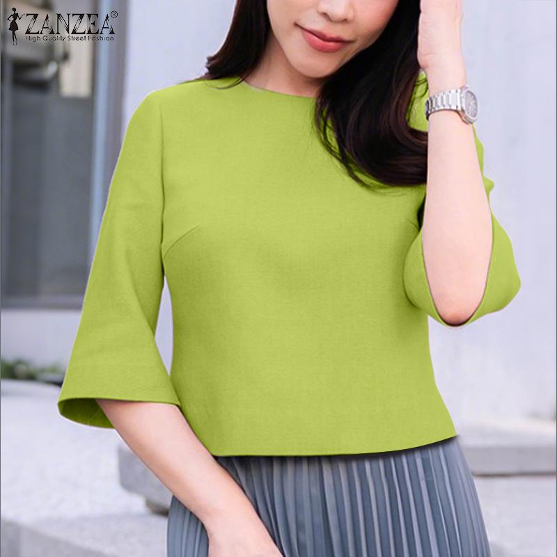 ZANZEA Women Casual Round Neck Solid Color Loose 3/4 Sleeve Blouse