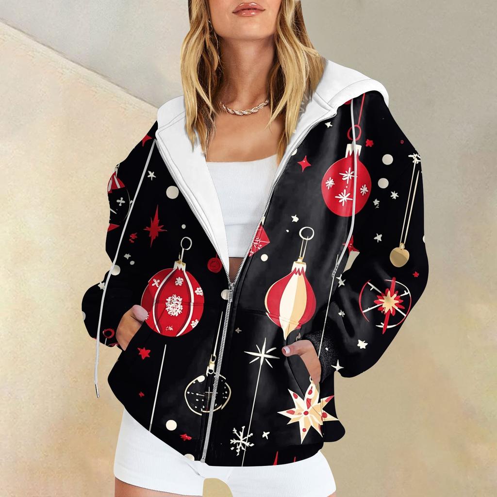 Women's Long Sleeve Christmas Print With Pockets Cardigan Zipper Hooded Sweatshirt Jacket