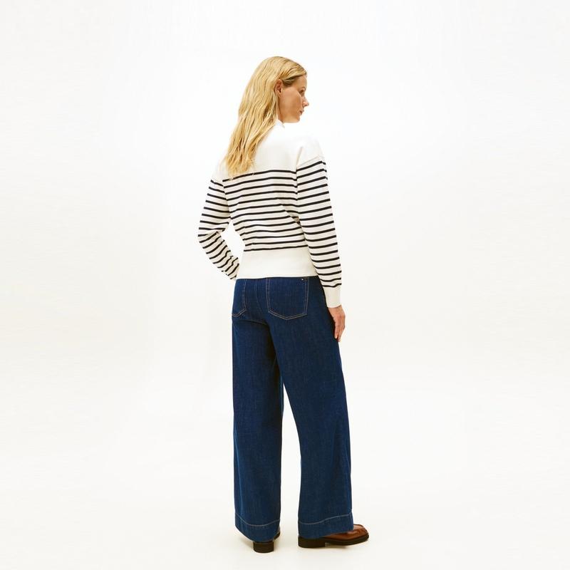 Tommy Hilfiger Elegant Commuter Metallic Buckle Mock Neck Striped Pullover Fitted Knit Sweater Women Tops WW0WW47467