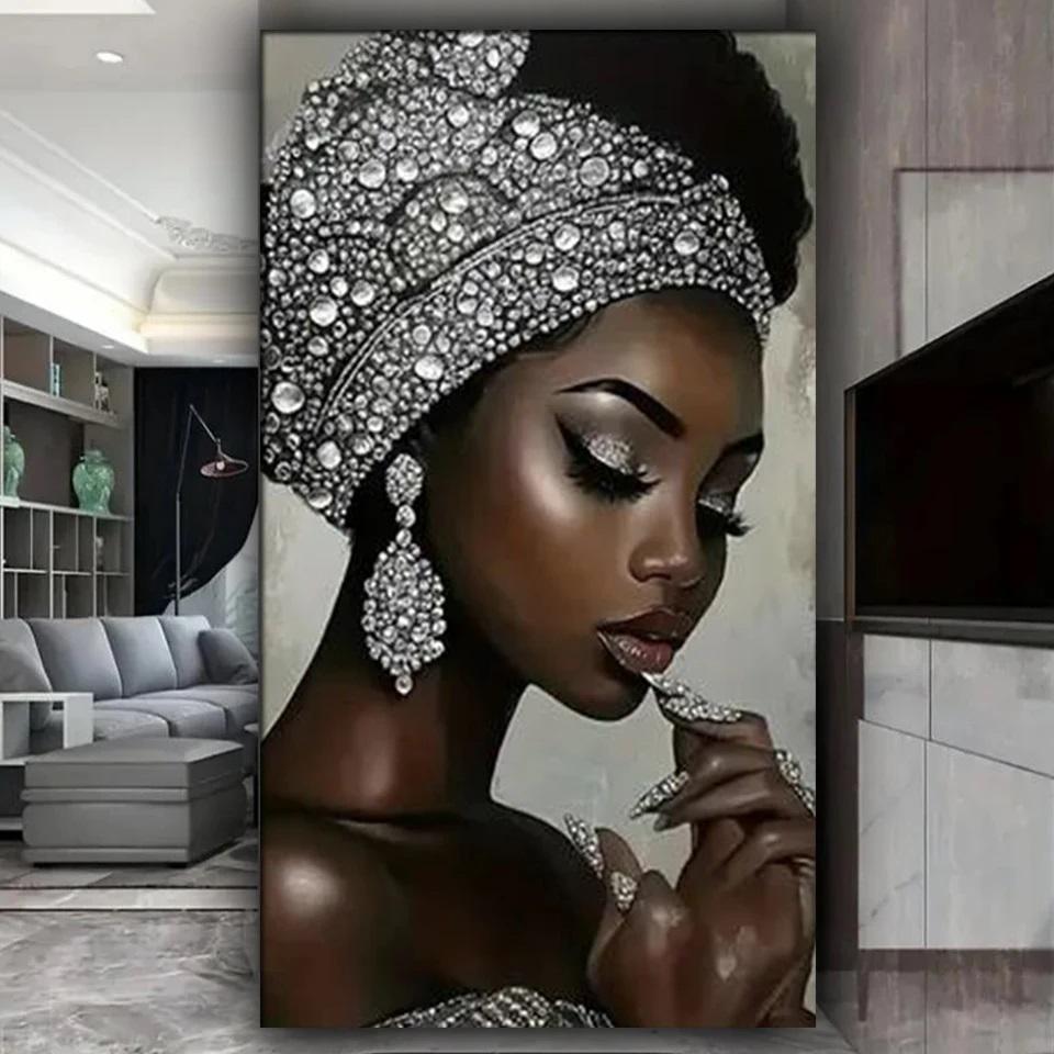 

Причудливая Серебристая Элегантная Африканка DIY Алмазная Живопись, Полная Выкладка Квадратные Круглые Алмазы, DIY Подарки Ручной Работы Домашний Декор Full Round 30x60CM