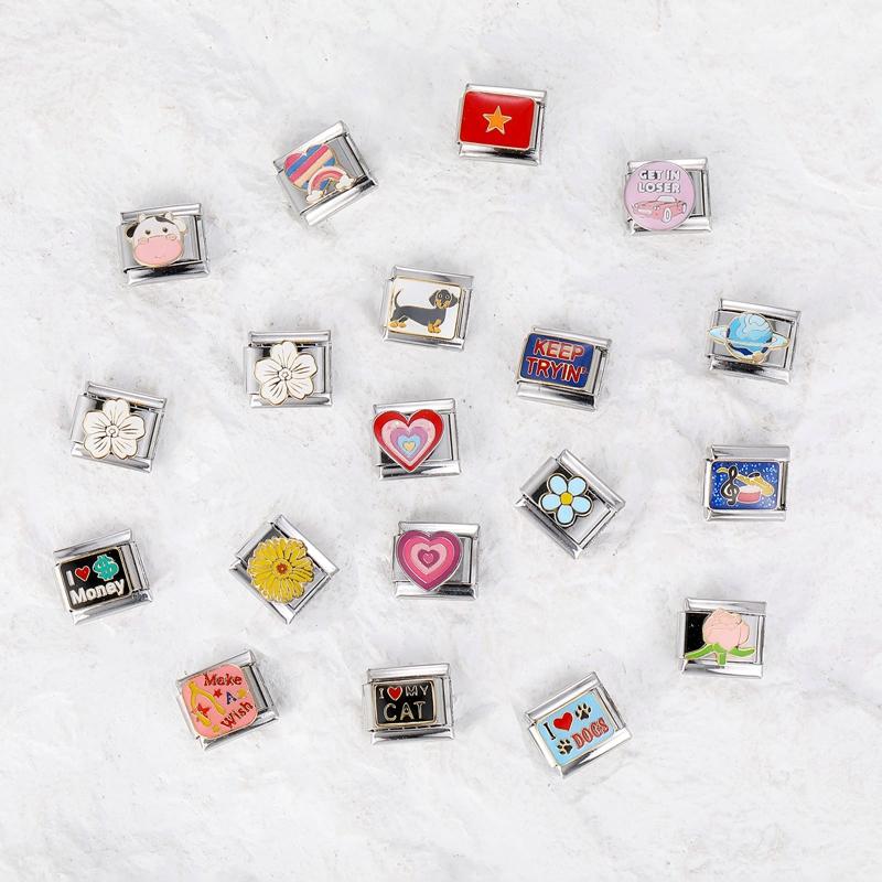 LOVE Heart Flowers Daisy Dogs Cow Star Planet Italian Charm Links Fit 9mm Stainless Steel Bracelet DIY Making Gifts