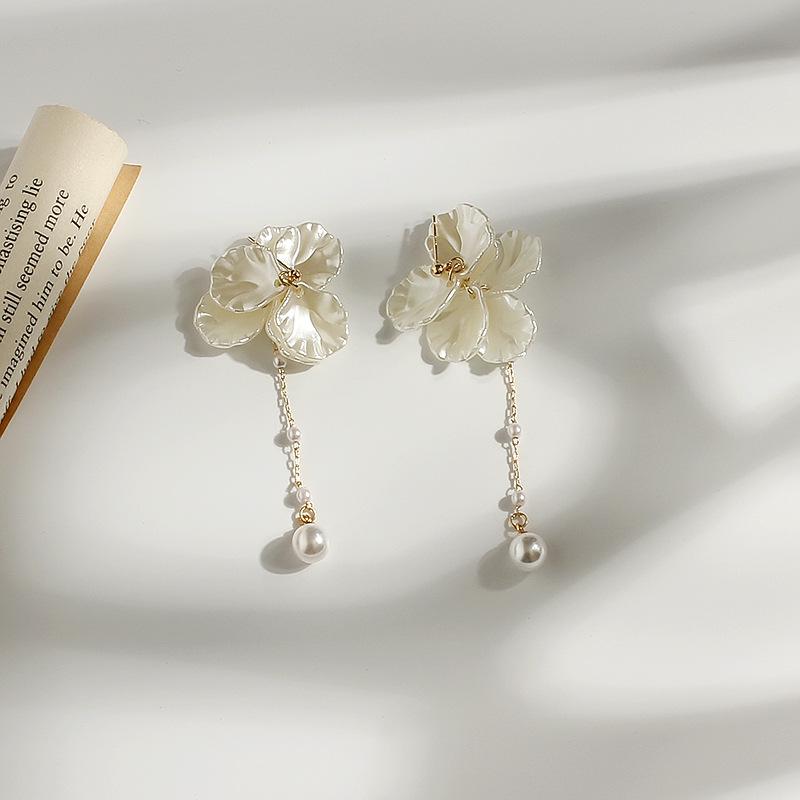 

925 Silver Shell Petal Pearl Earrings with Long Tassels - Korean Sweet Style